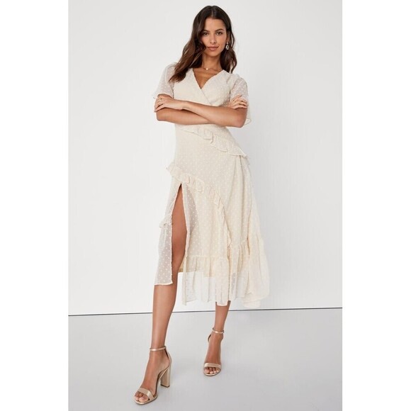 Lulus Womens Swiss Dot Ruffled Midi Dress S Cream Front Slit Beach Travel V-Neck - Picture 3 of 11